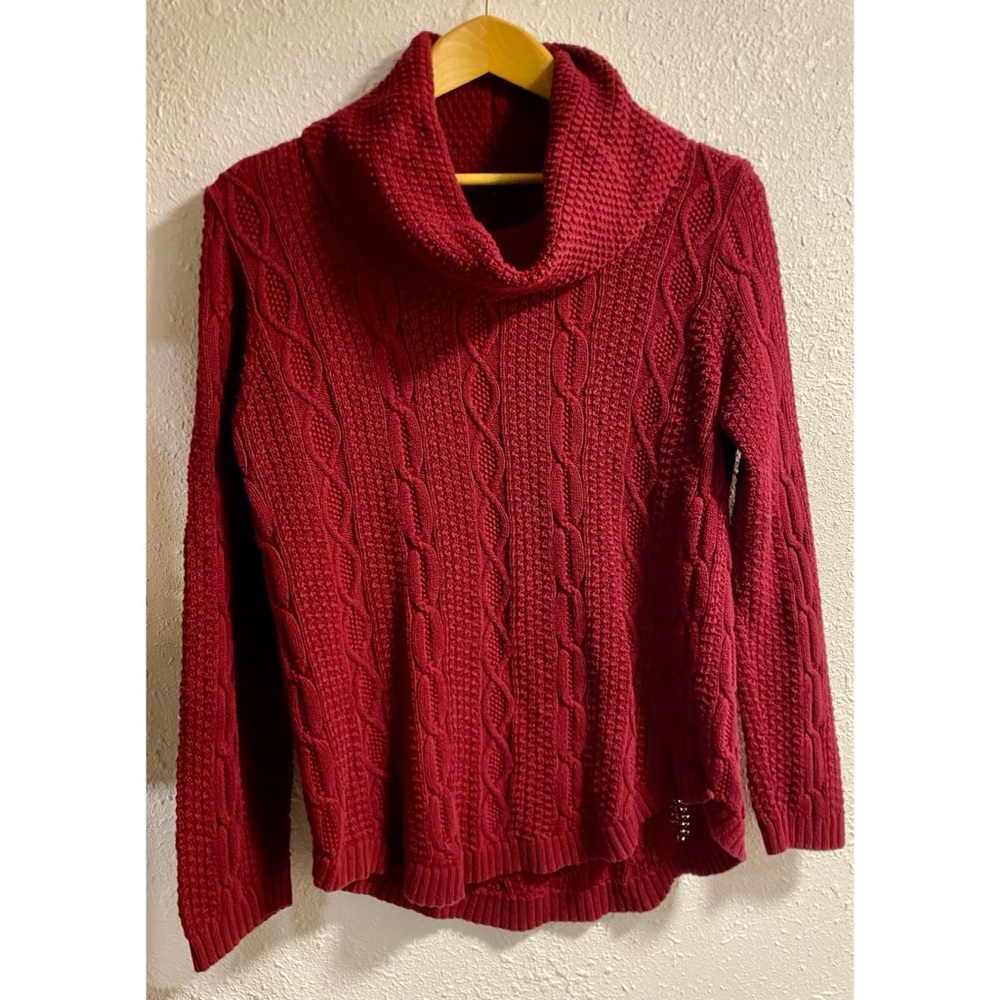 Cozy Cable Knit Cowl Neck Sweater - Jeanne Pierre, maroon, size large